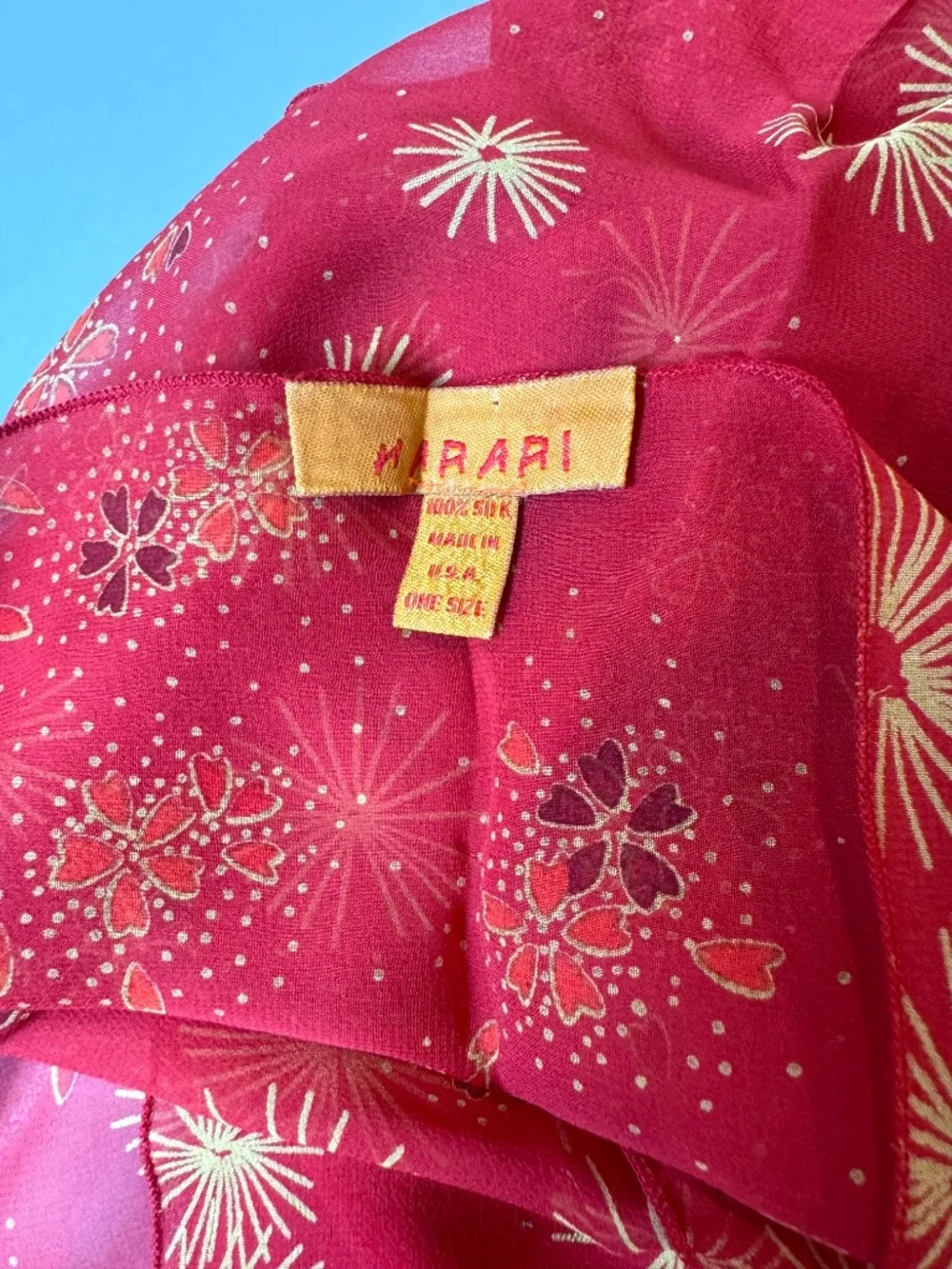 HARARI 100% Silk Chiffon Scarf Red Burst Floral Print Made in USA